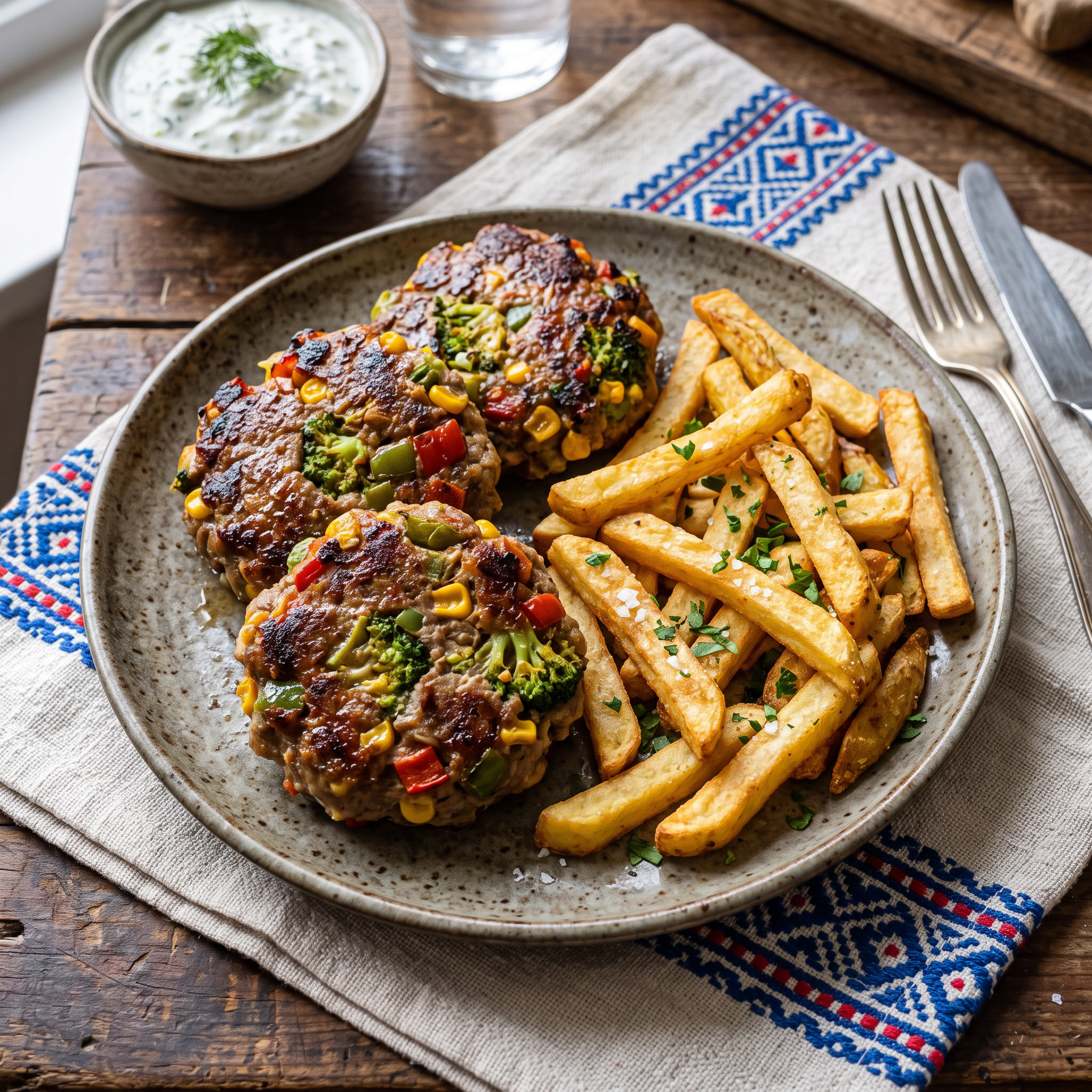 Balkan-Style Mutton & Veg Patties with Crispy Fries
