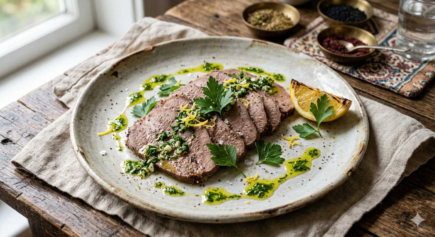 Braised Beef Tongue with Zesty Herb & Lemon Dressing