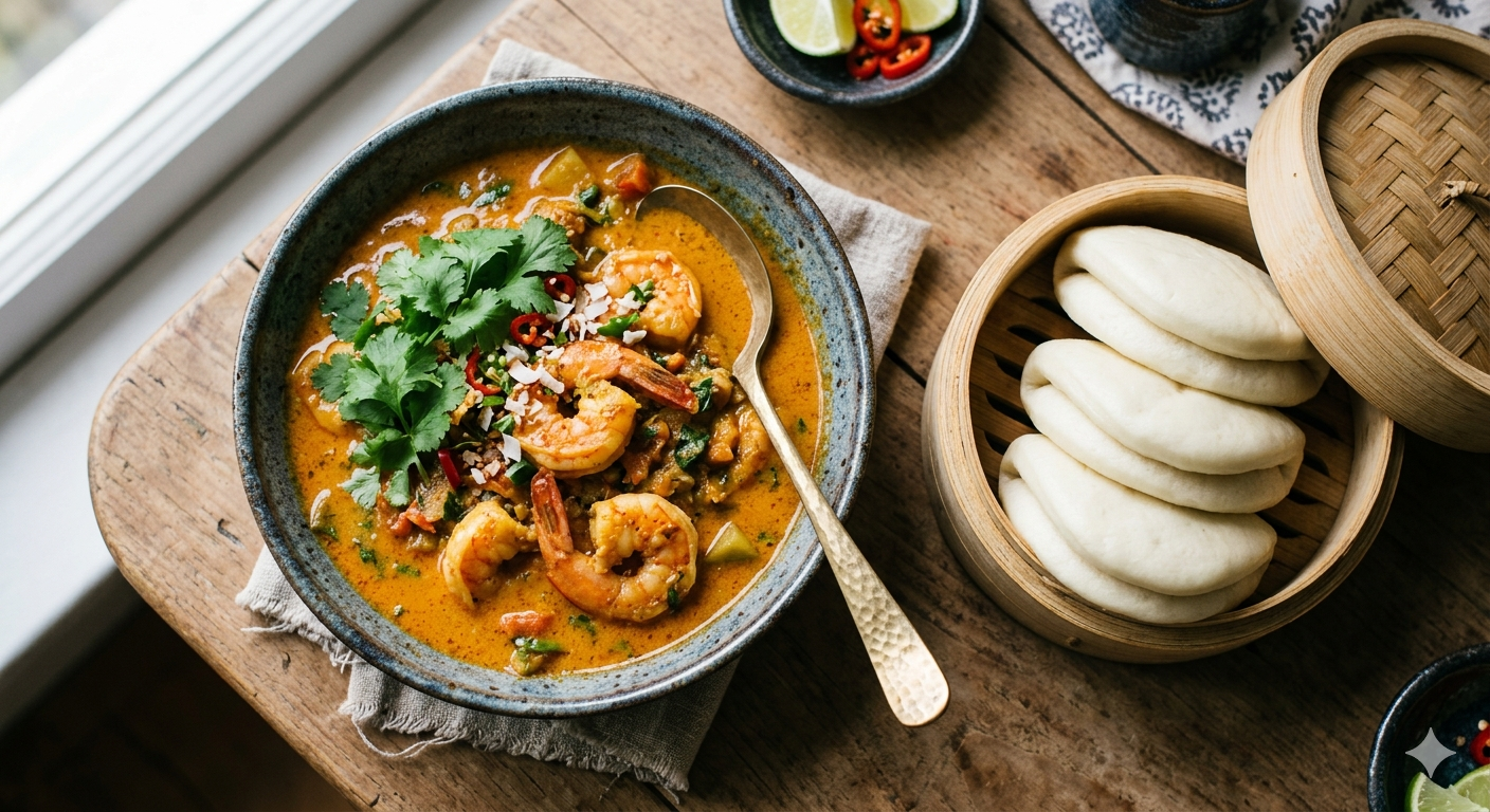 Creamy Coconut Shrimp Curry with Steamed Bao Buns