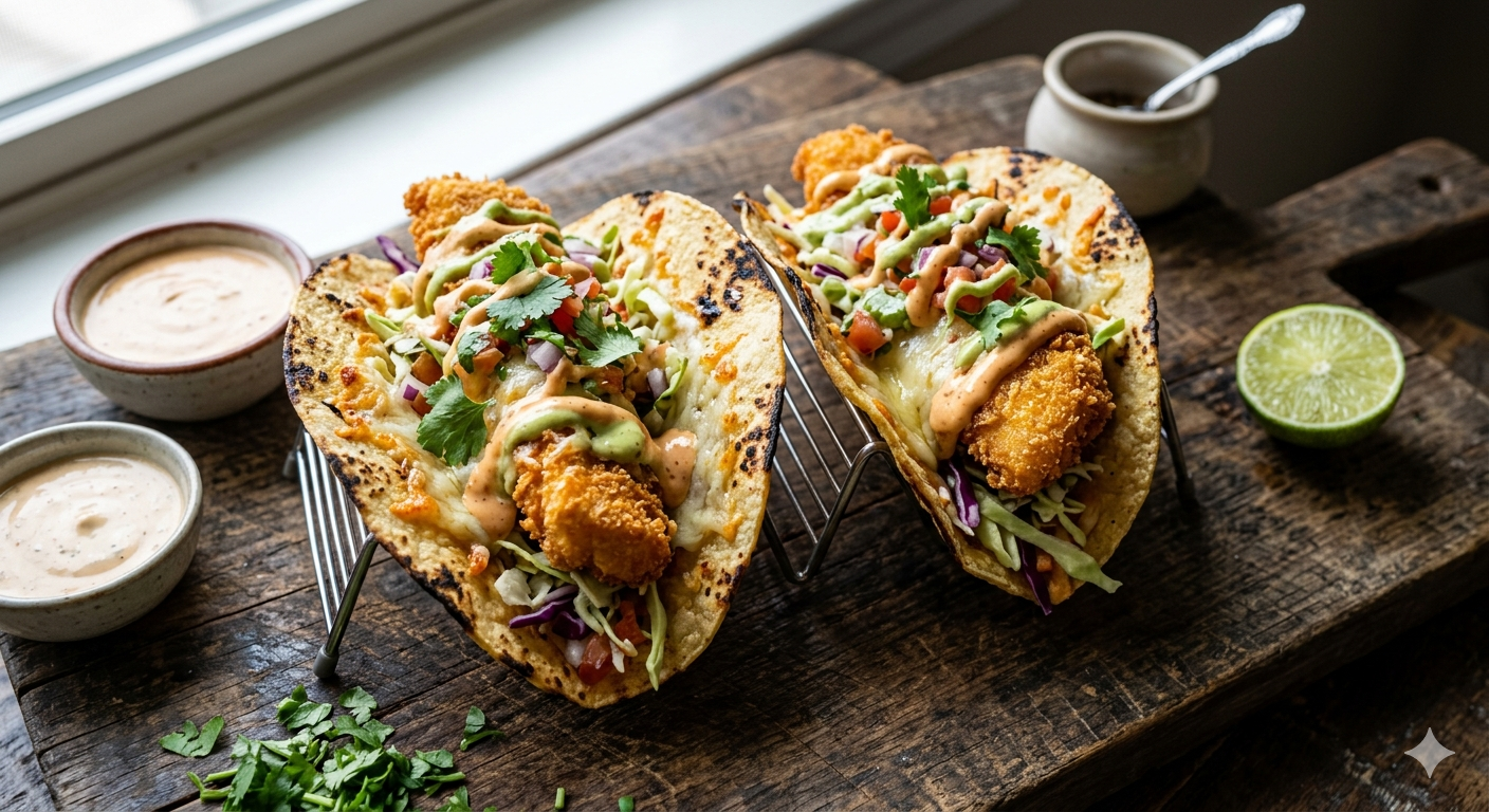 Crispy Baja Fish Tacos with Fiery Cheese Melt