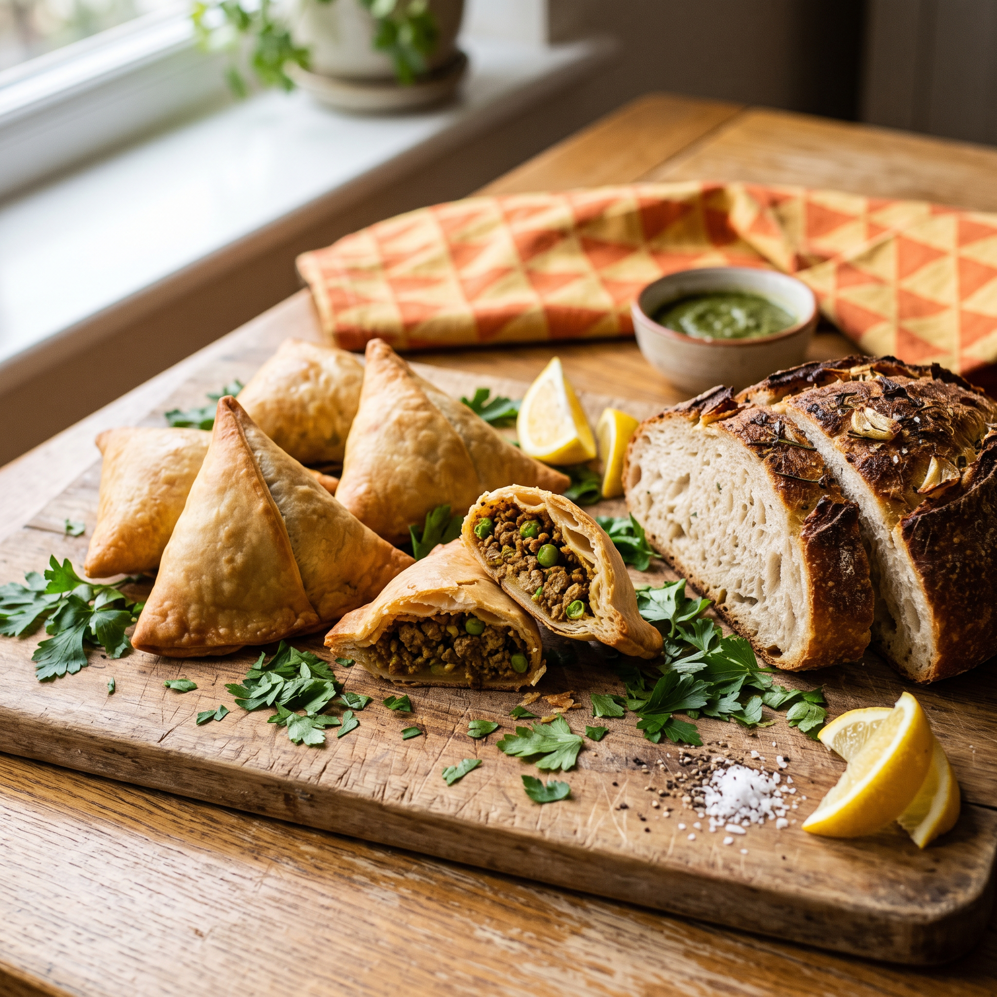 Crispy Mutton Samosa Platter with Herb & Garlic Sourdough