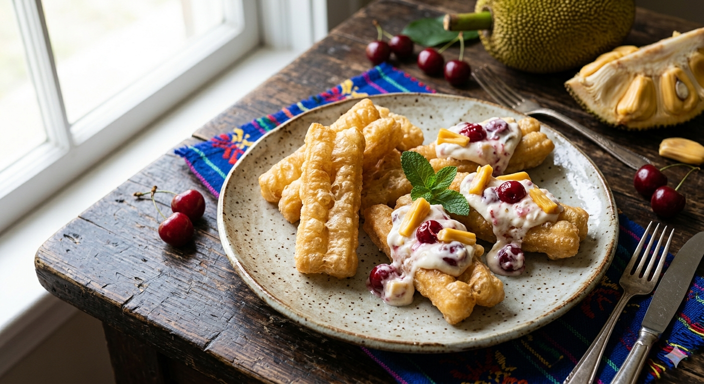 Crispy Rice Stick Fritters with Cherry & Jackfruit Cream