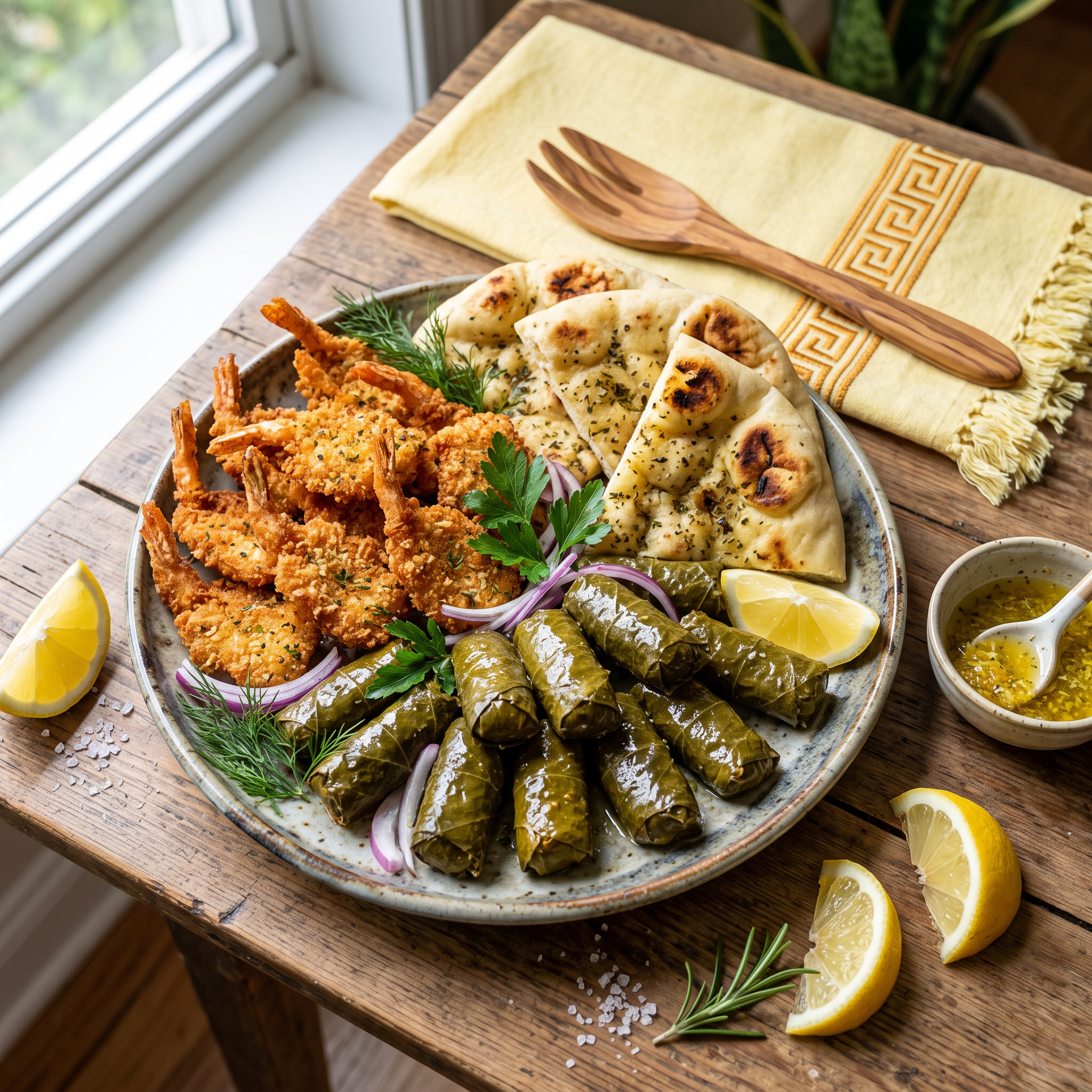 Crispy Shrimp & Dolma Mezze Platter
