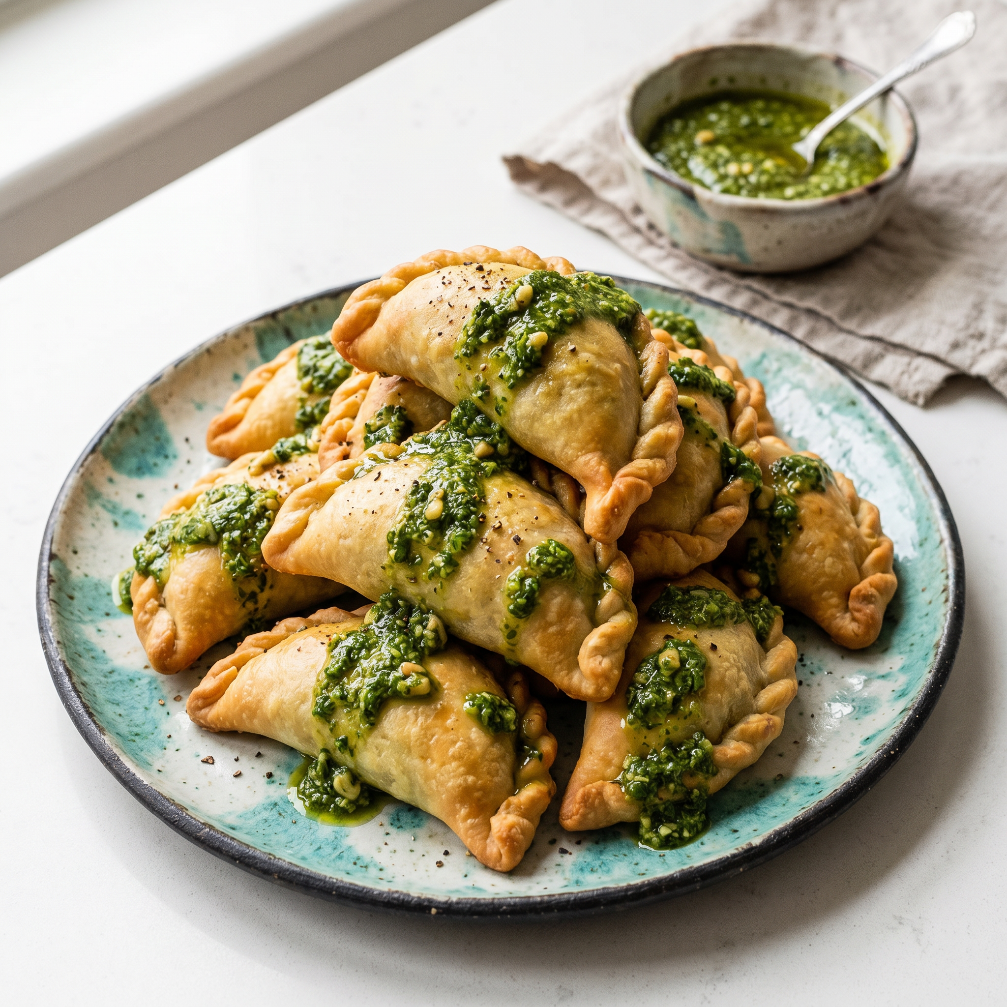 Crispy Spinach Sambousek with Zesty Pesto Drizzle