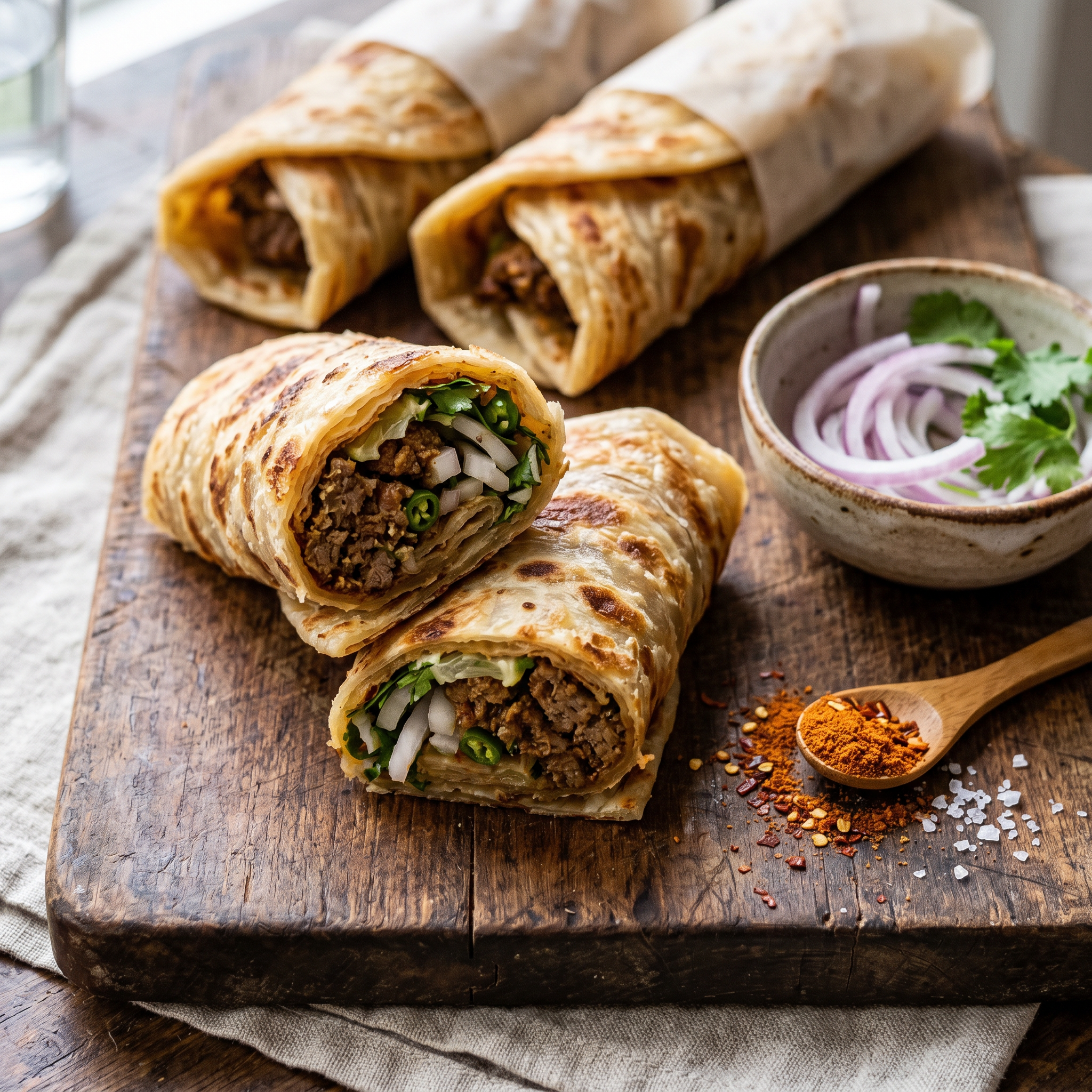 Fiery Mutton Tikka Paratha Wraps with Zesty Onions