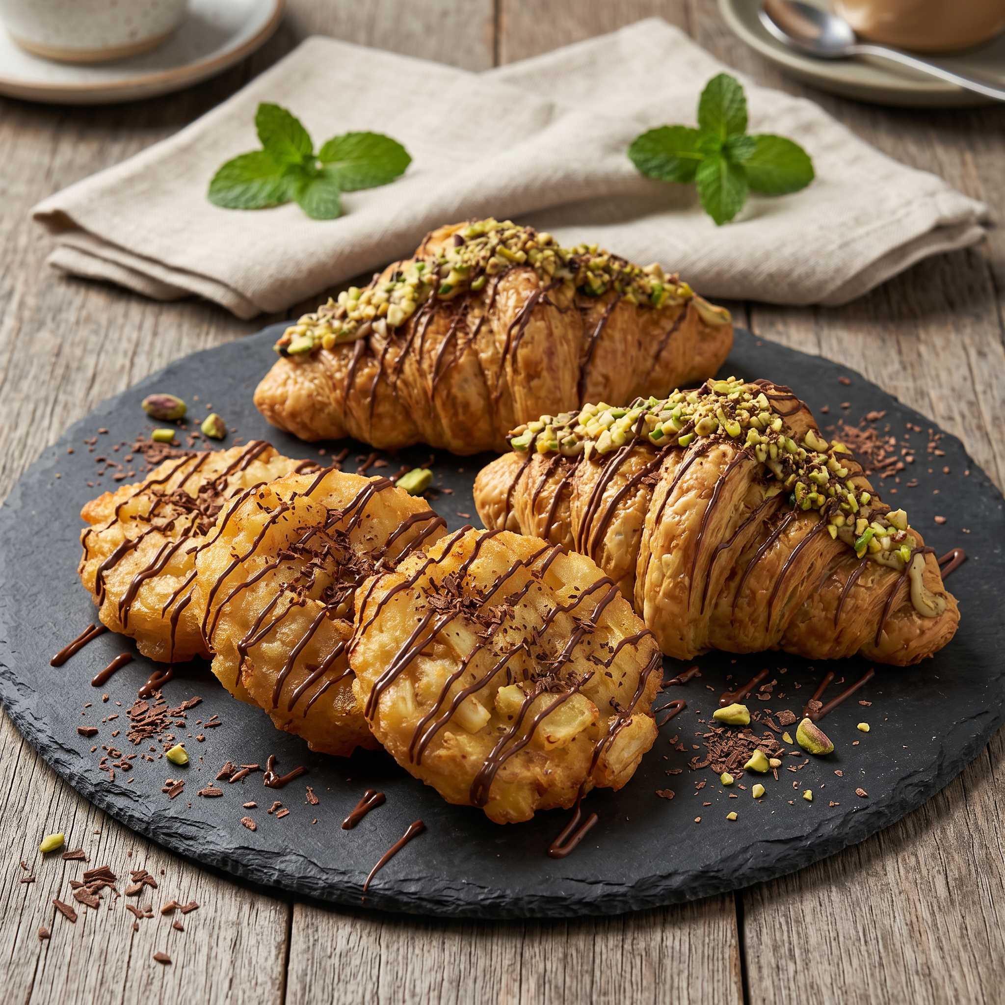 Golden Cassava Fritters with Pistachio Croissant & Chocolate Drizzle