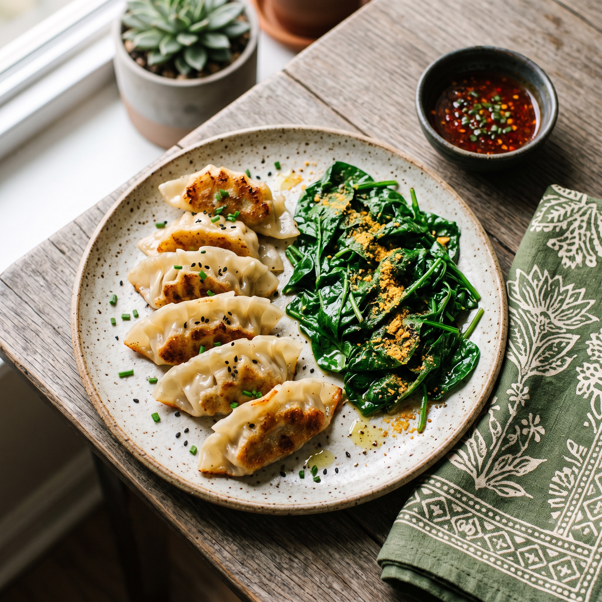Golden Pan-Fried Momos with Cheesy Spinach