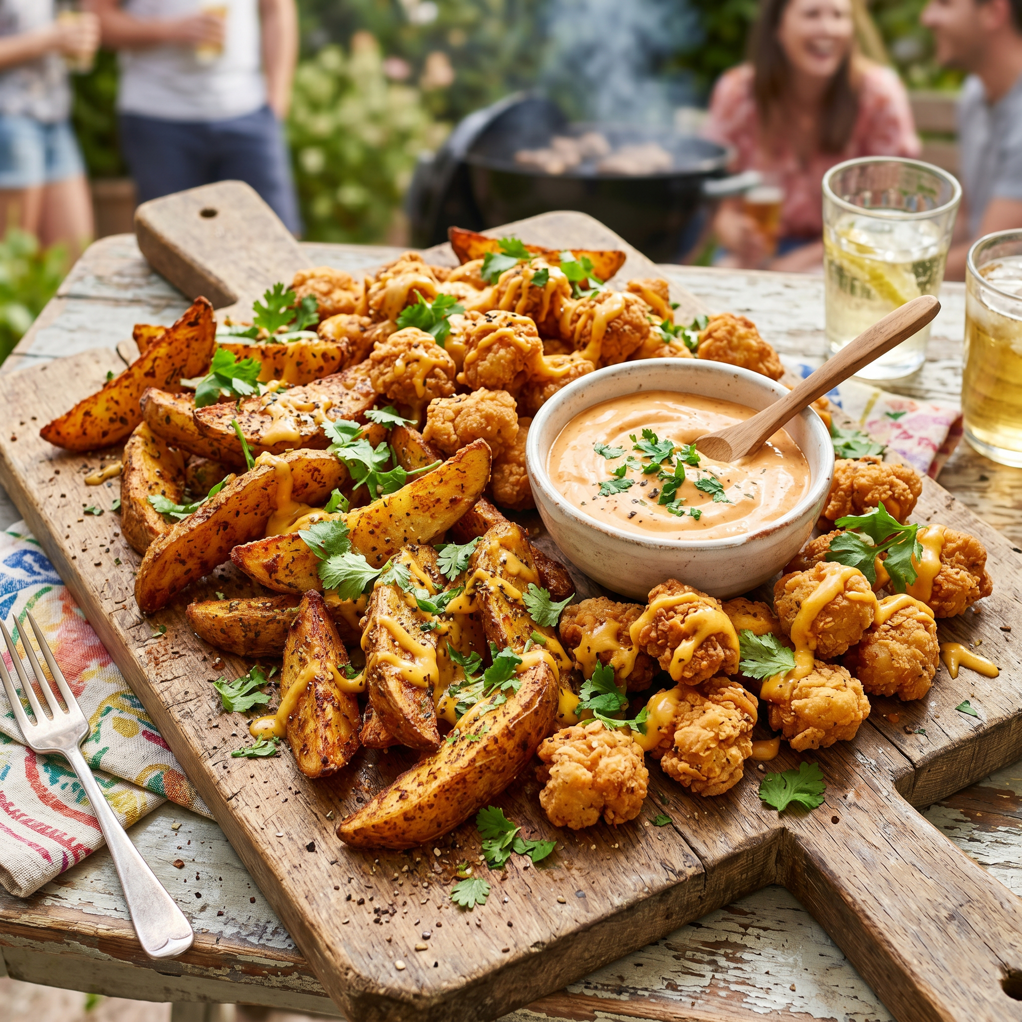 Middle Eastern Fiesta Platter: Crispy Chicken Popcorn & Spiced Wedges