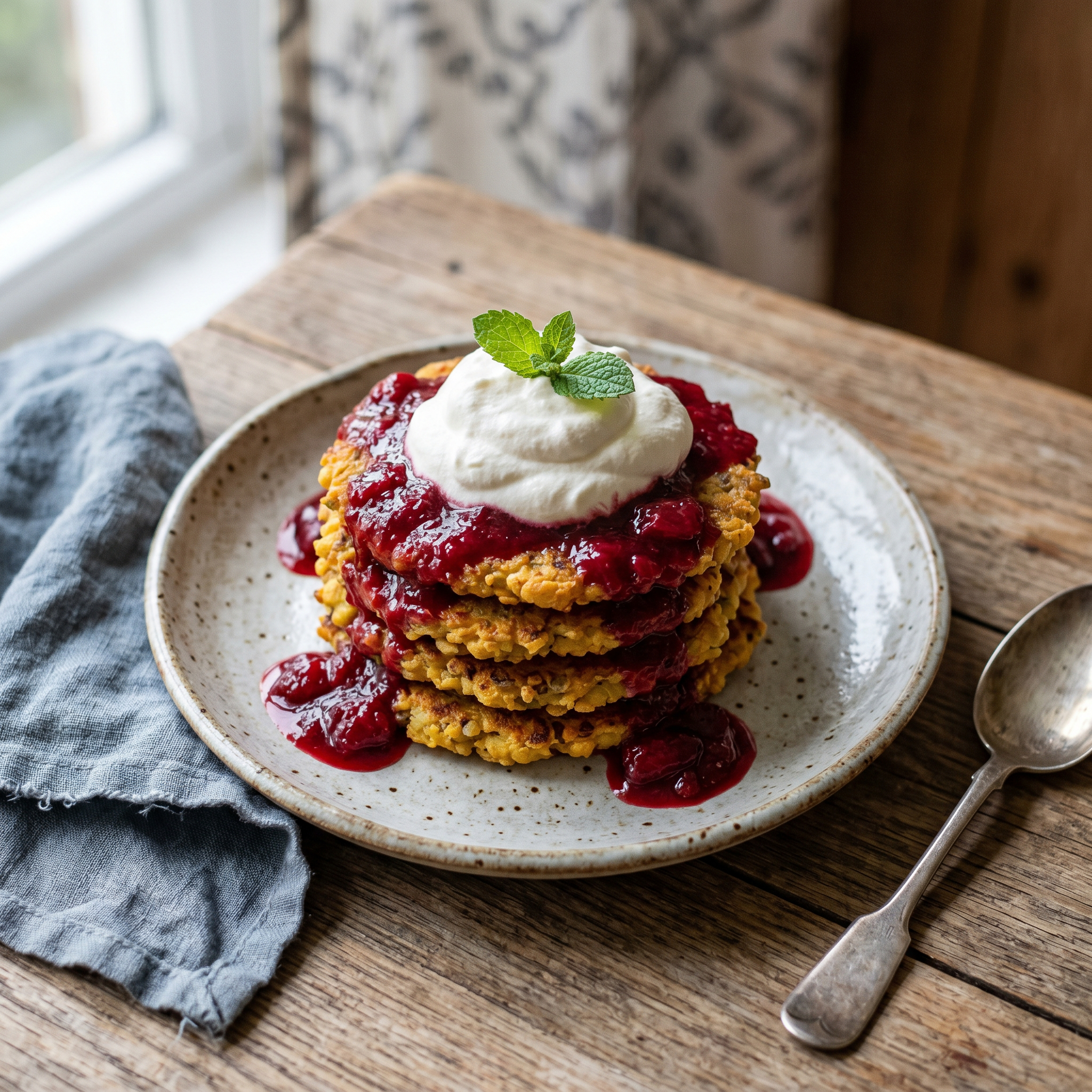 Morning Lentil Fritters with Creamy Plum Compote