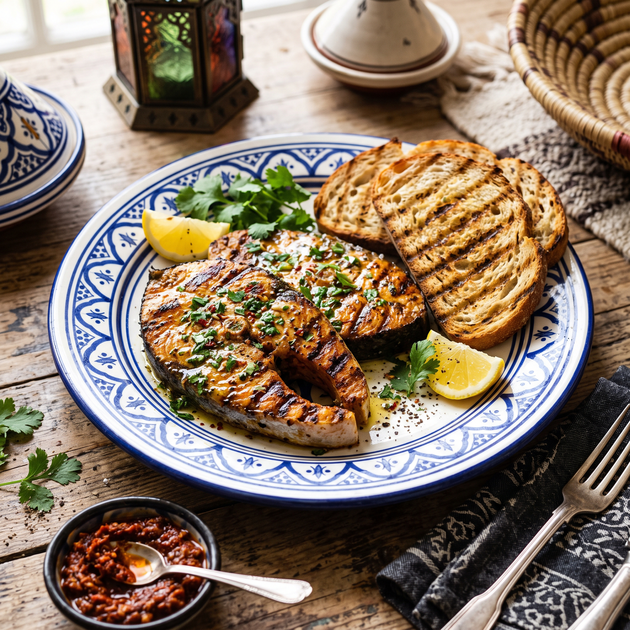 North African Spiced King Fish Steaks with Lemon-Herb Butter