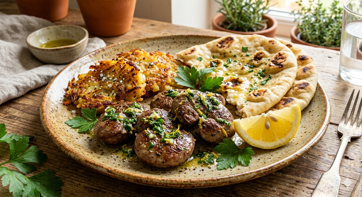 Pan-Seared Lamb Kidney with Herbed Naan & Crispy Hash Browns