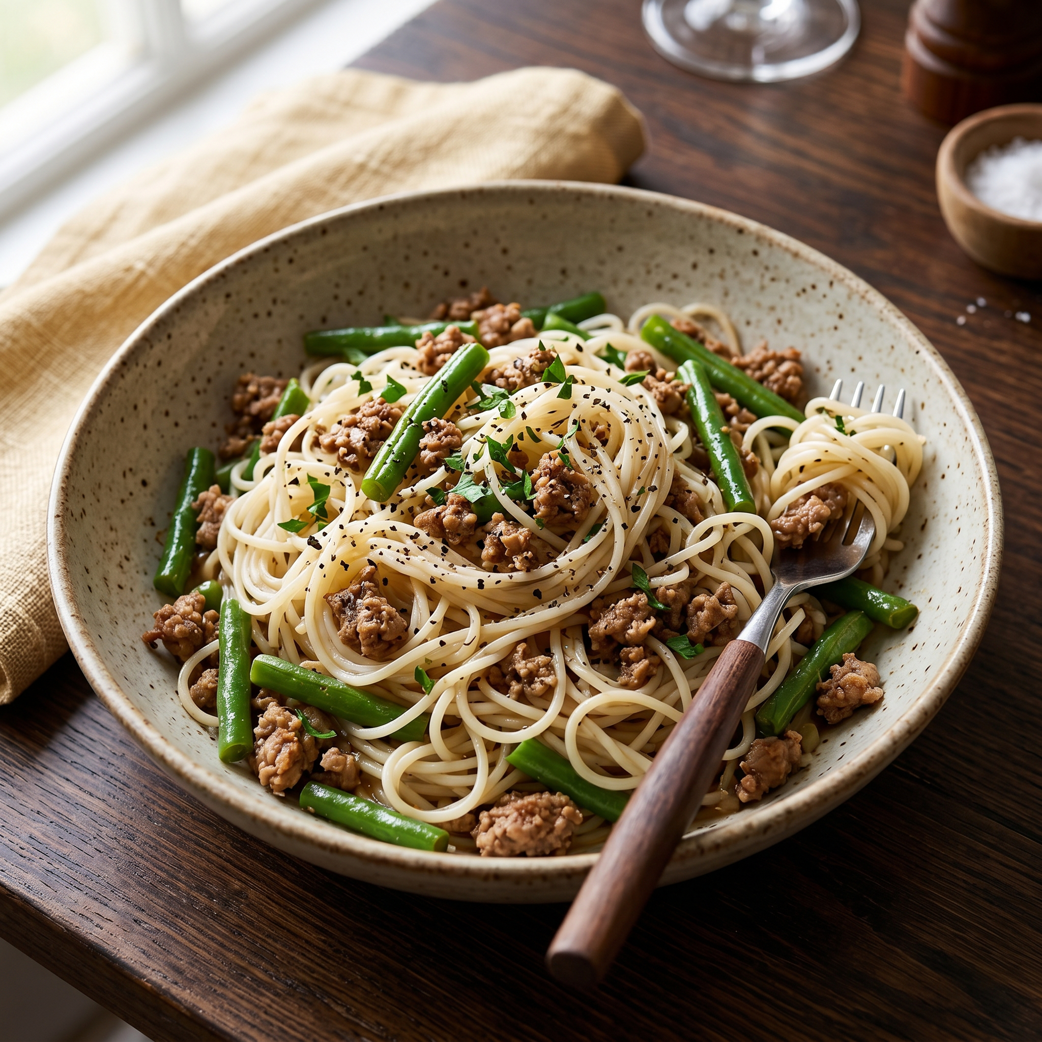 Quick Mutton & Green Bean Rice Noodle Toss
