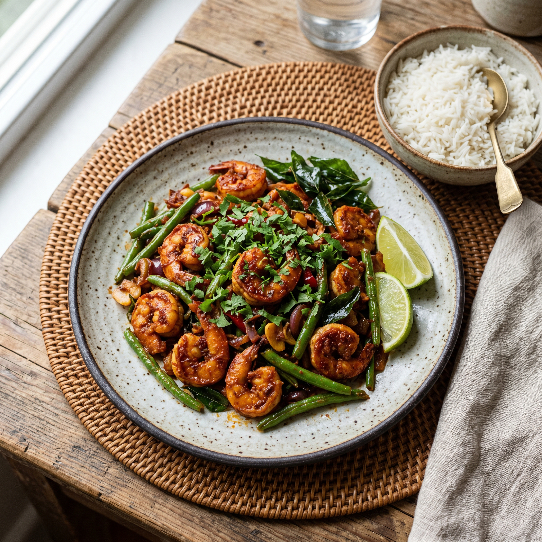 Quick Sri Lankan Deviled Shrimp with Green Beans