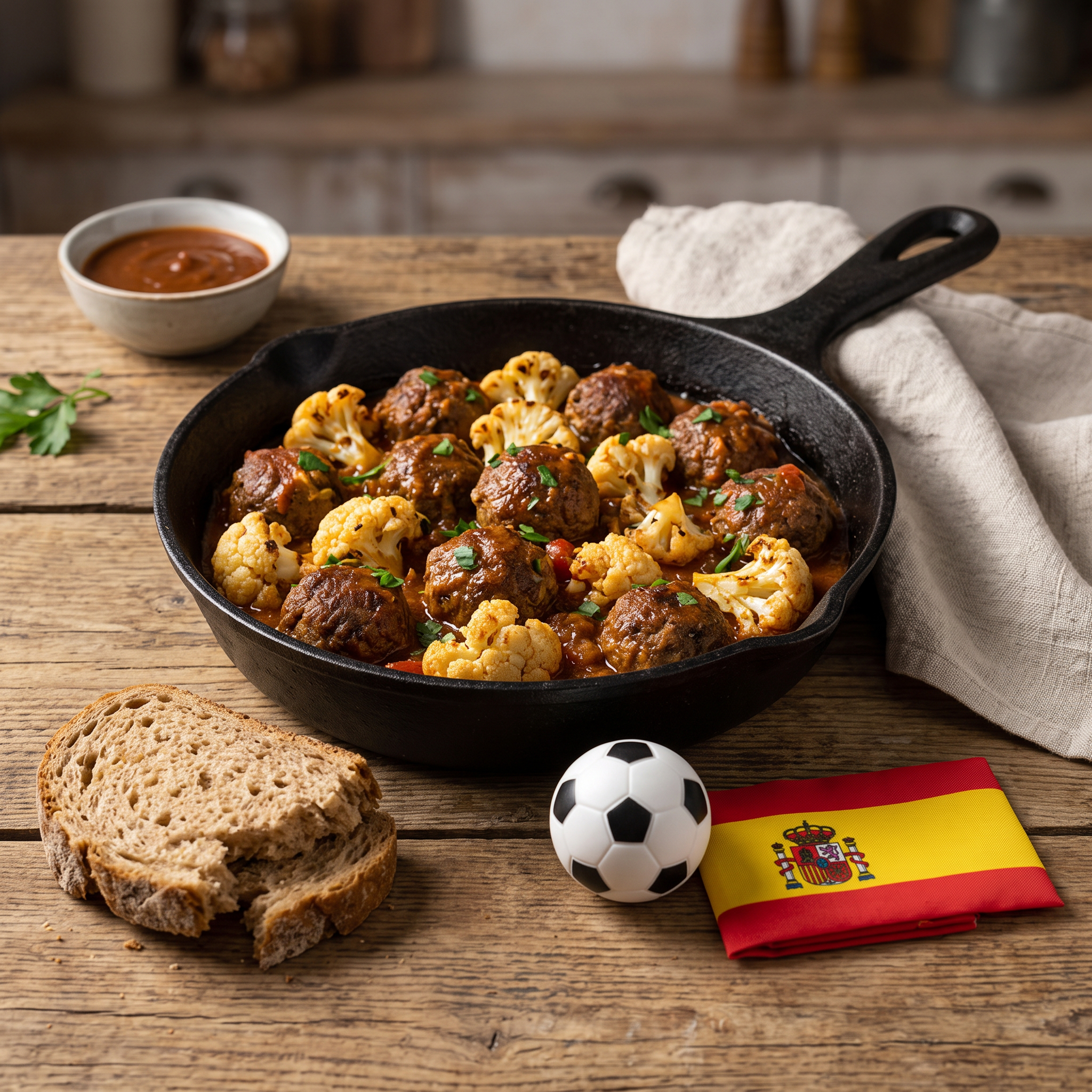 Rustic Spanish Meatballs with Roasted Cauliflower