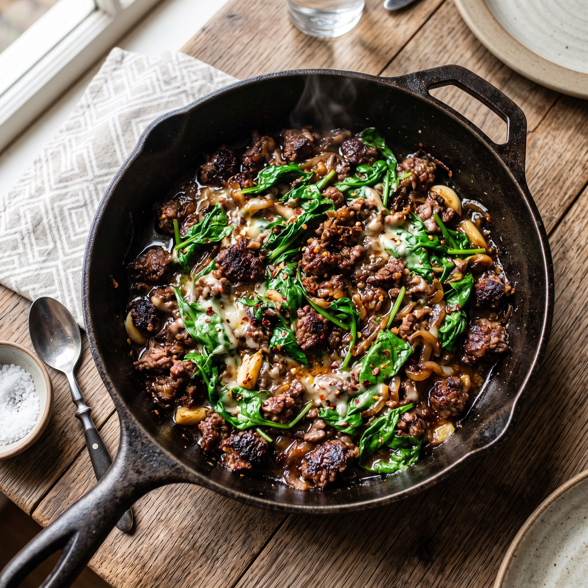 Rustic Wagyu & Spinach Skillet: A Simple Italian-Inspired Delight