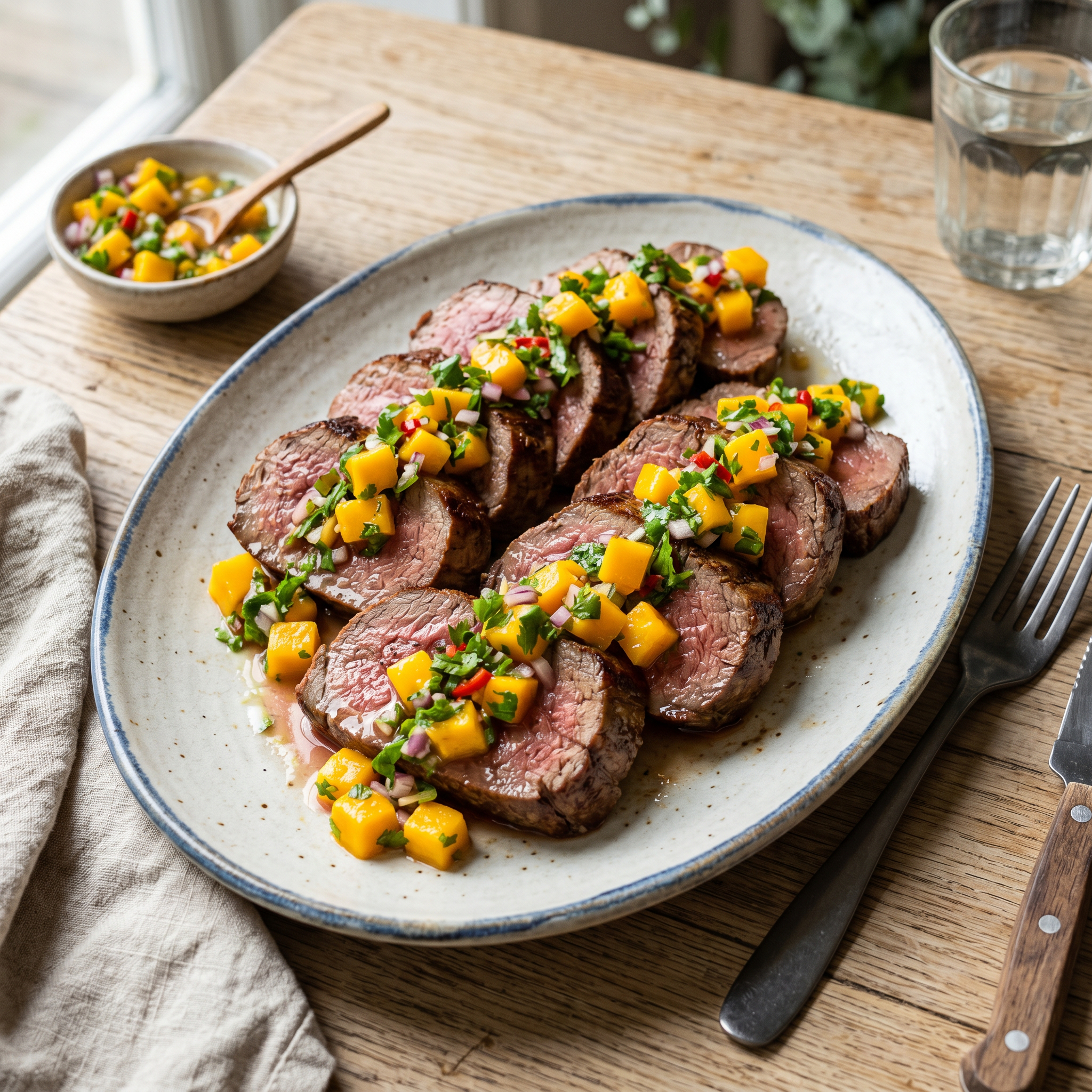 Seared Beef Tenderloin with Zesty Mango-Coriander Salsa