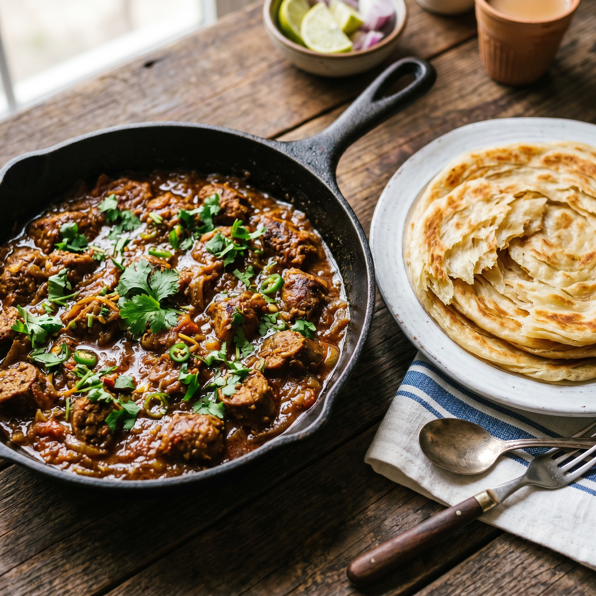 Spiced Chicken Sausage & Flaky Paratha Skillet
