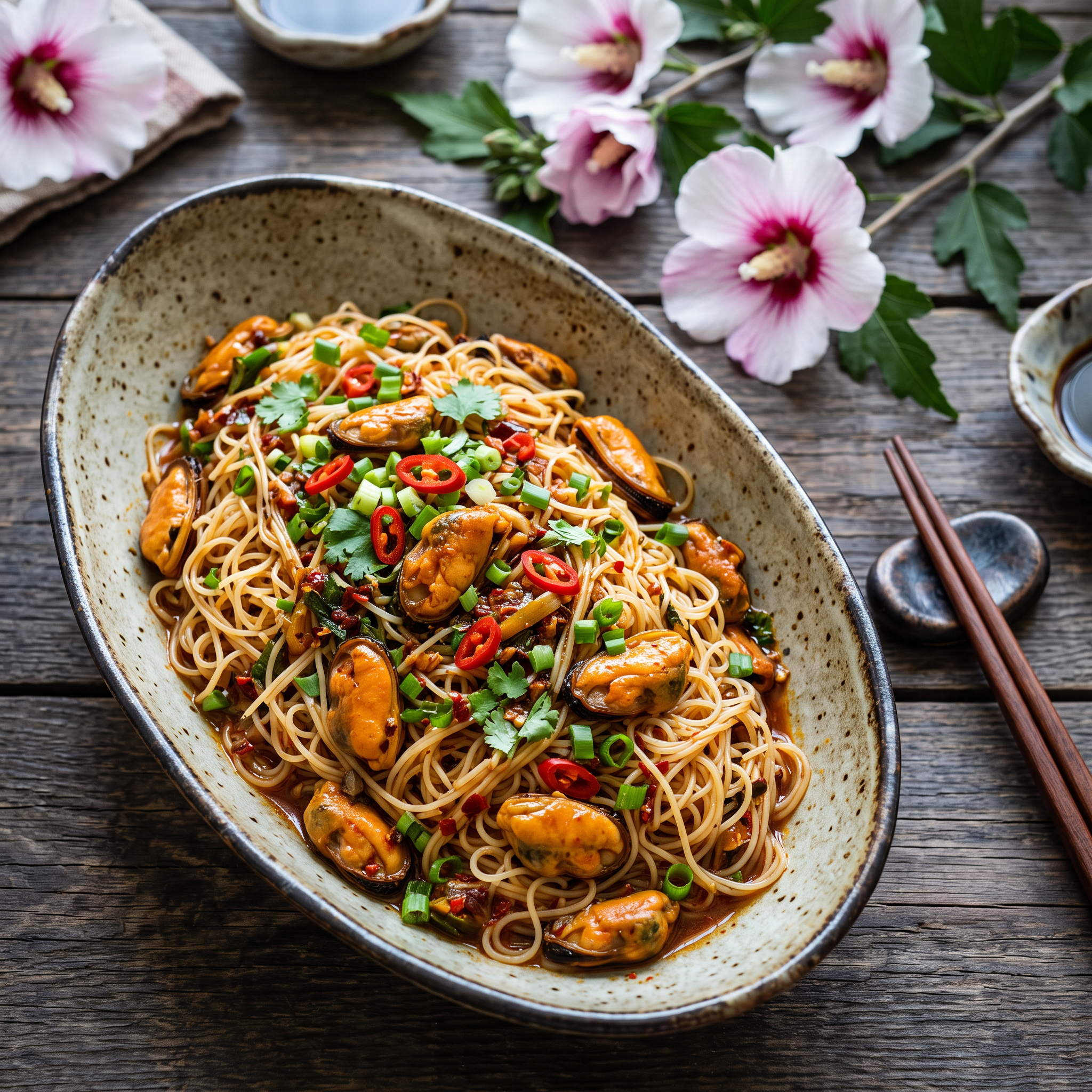 Spicy Asian Mussels & Vermicelli Stir-Fry