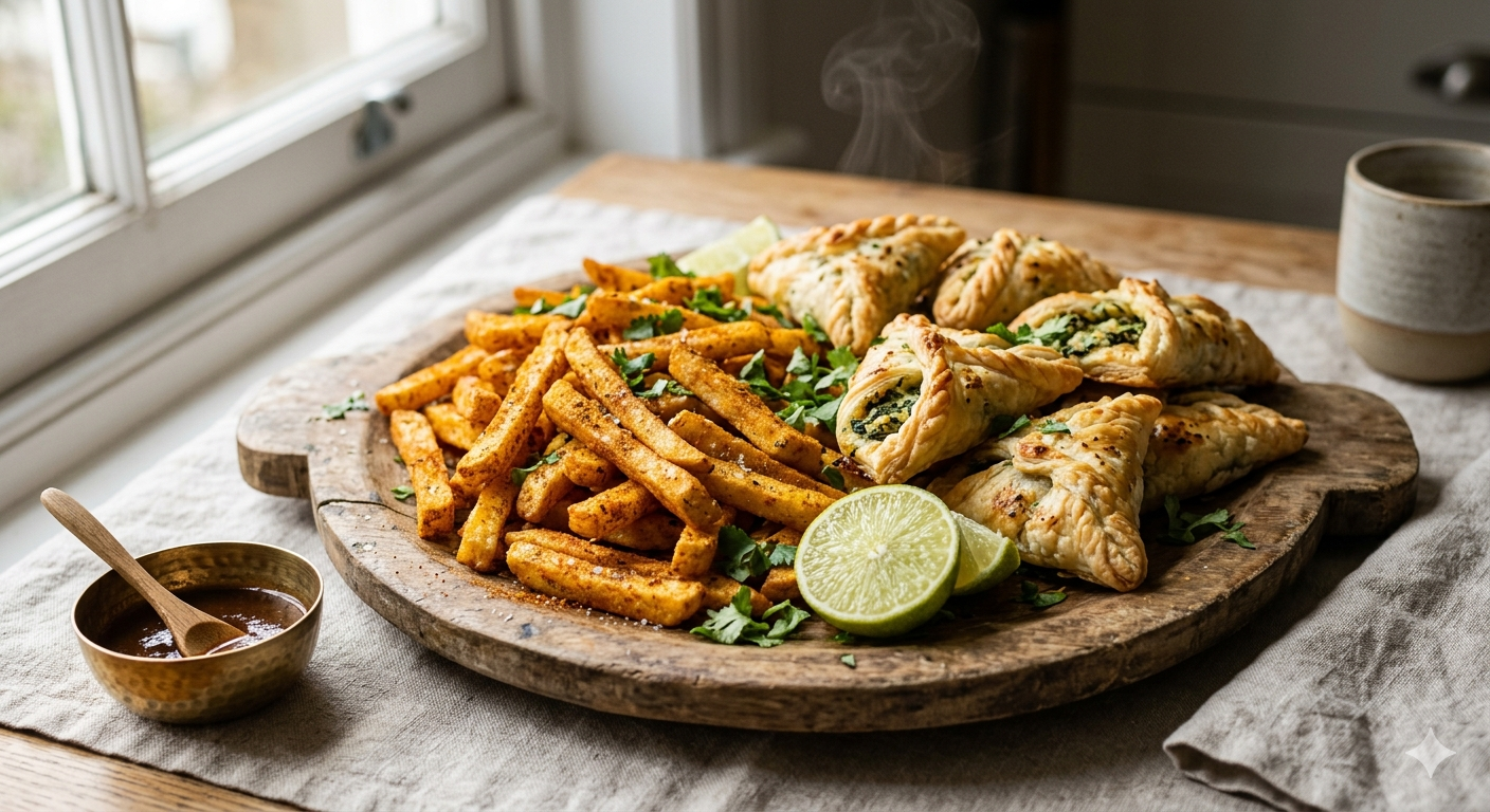 Spicy Masala Fries & Spinach Sambousek Platter