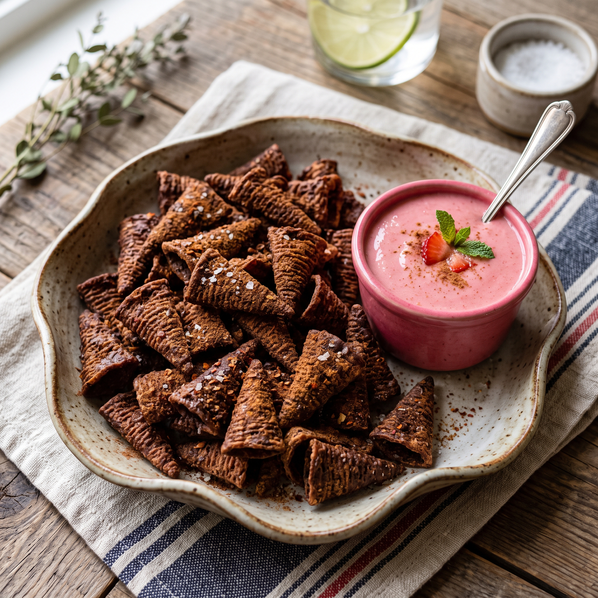 Spicy Mexican Chocolate Bugle Crunch with Strawberry Smoothie Dip