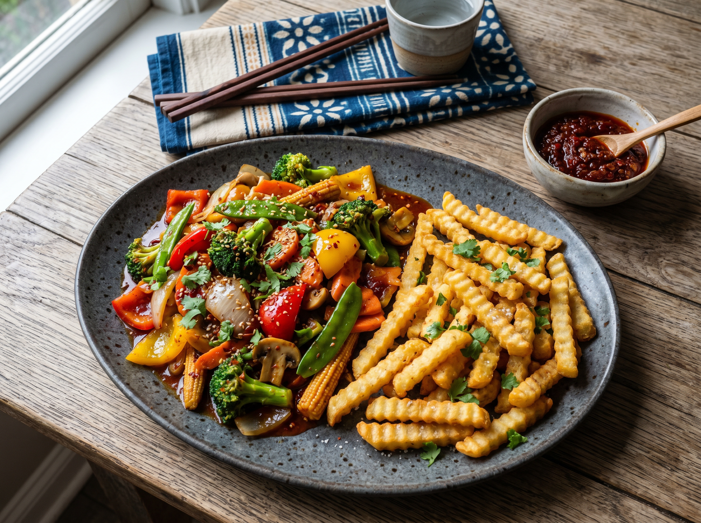 Spicy Schezwan Vegetable Medley with Crispy Fries