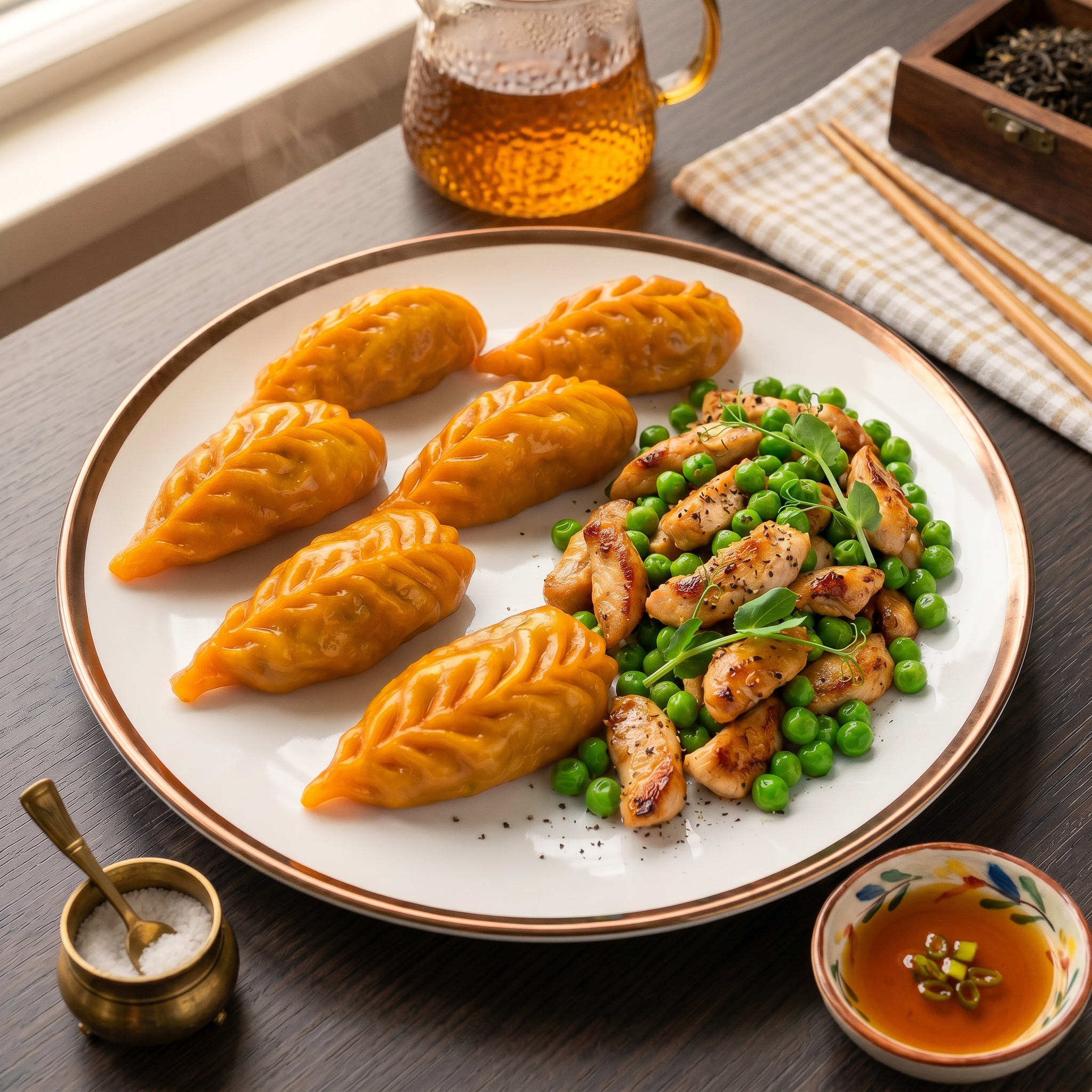 Steamed Broccoli Momos with Smoky Chicken & Pea Medley
