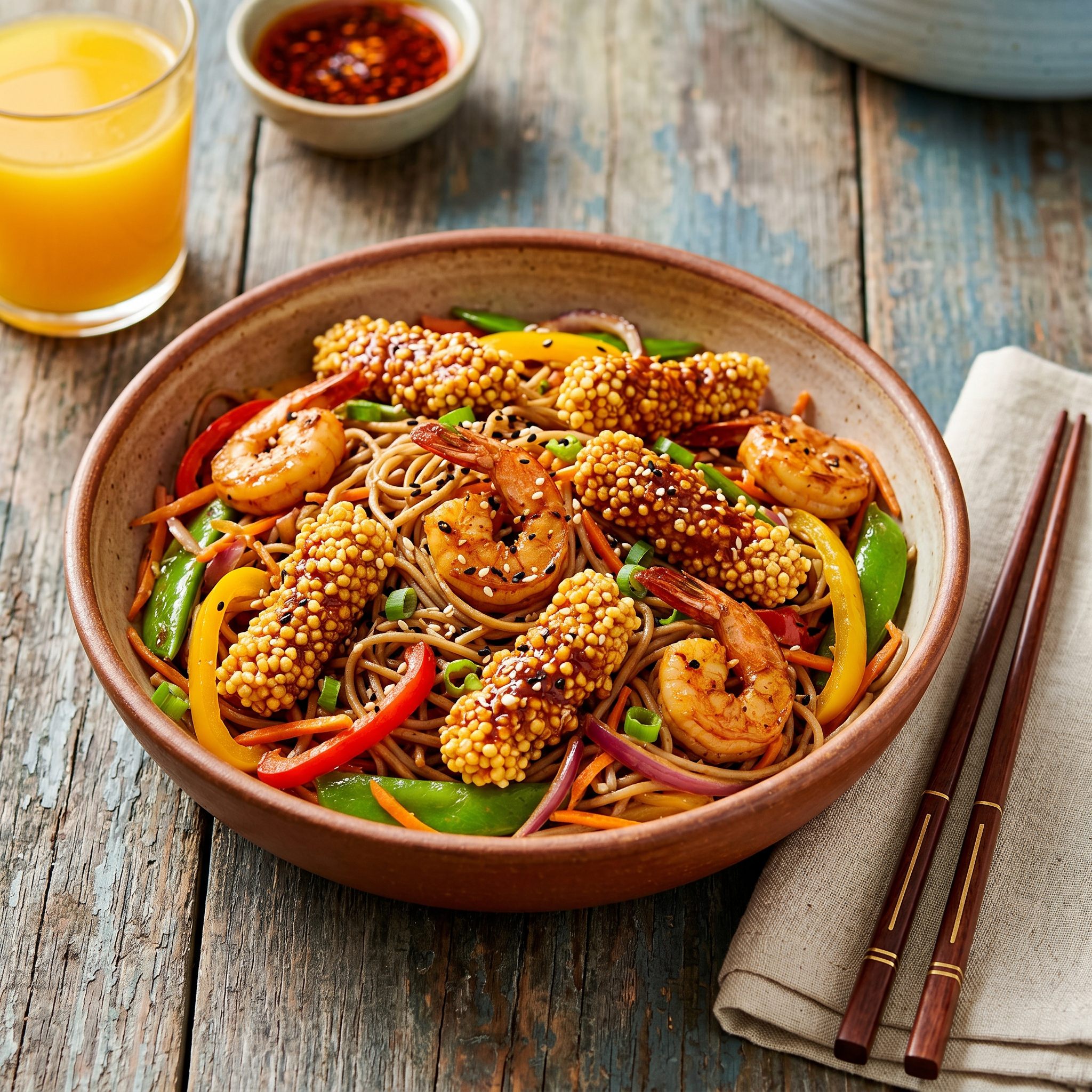 Sunrise Soba: Spicy Shrimp & Korean Chicken Stir-fry