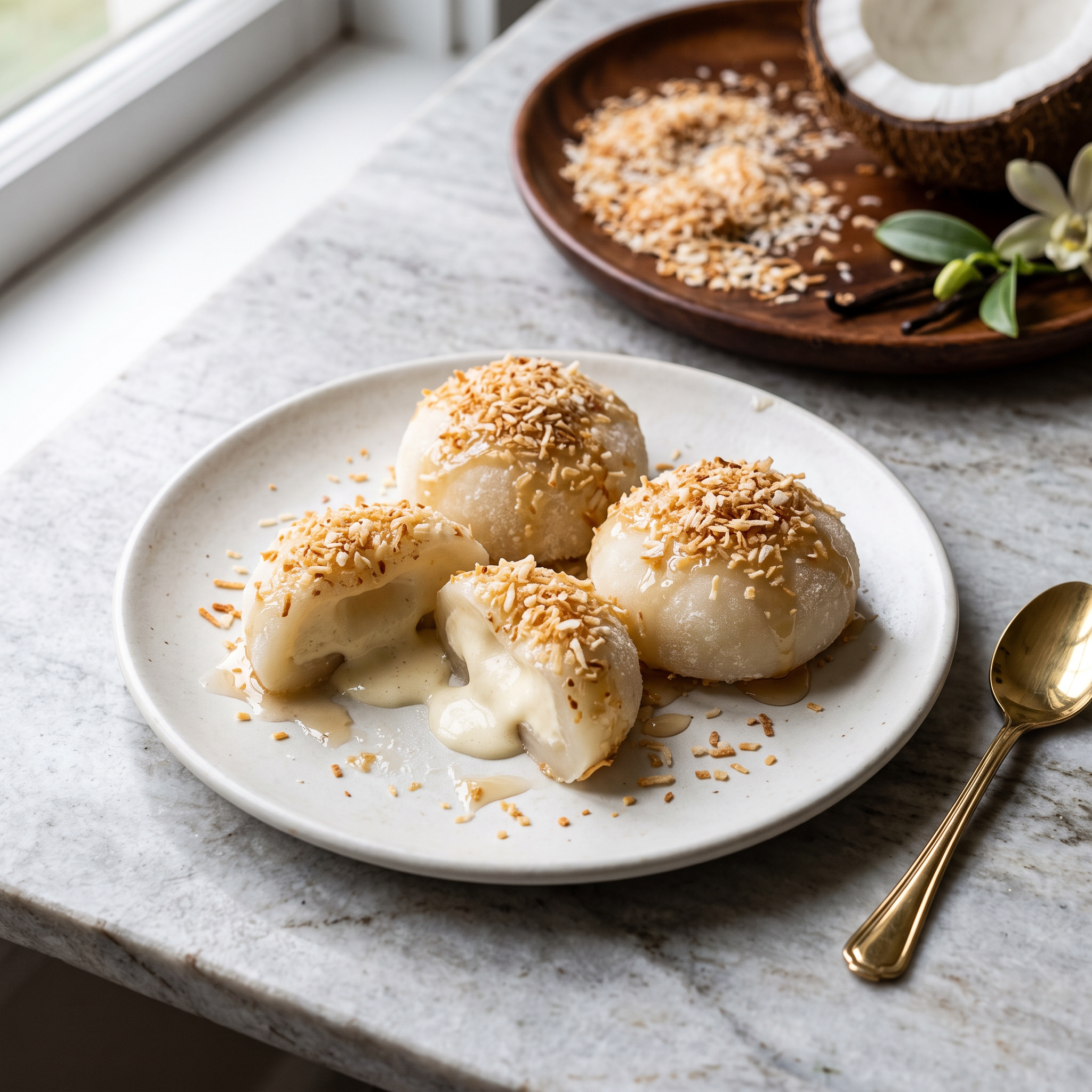 Toasted Coconut Mochi with Vanilla Cloud