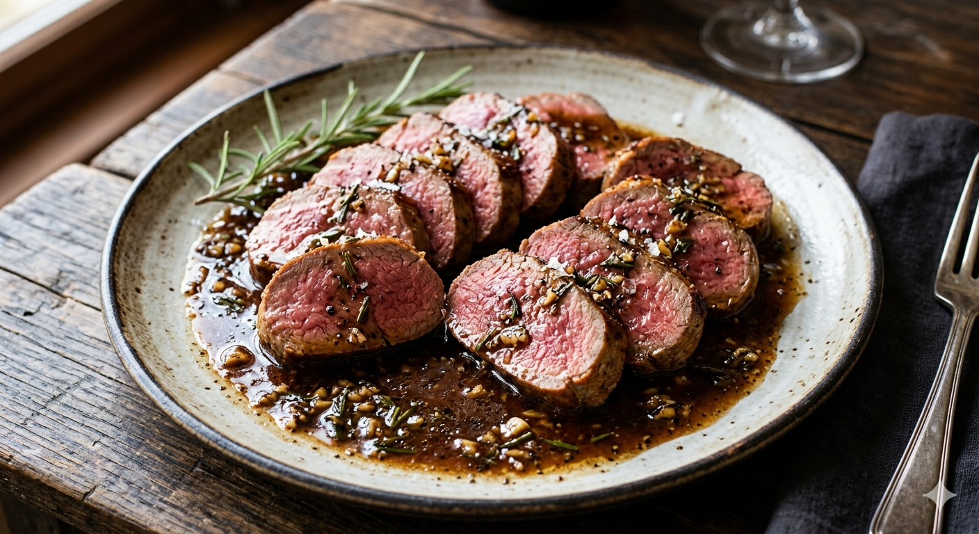 Tuscan Seared Buffalo Tenderloin with Garlic-Rosemary Sauce