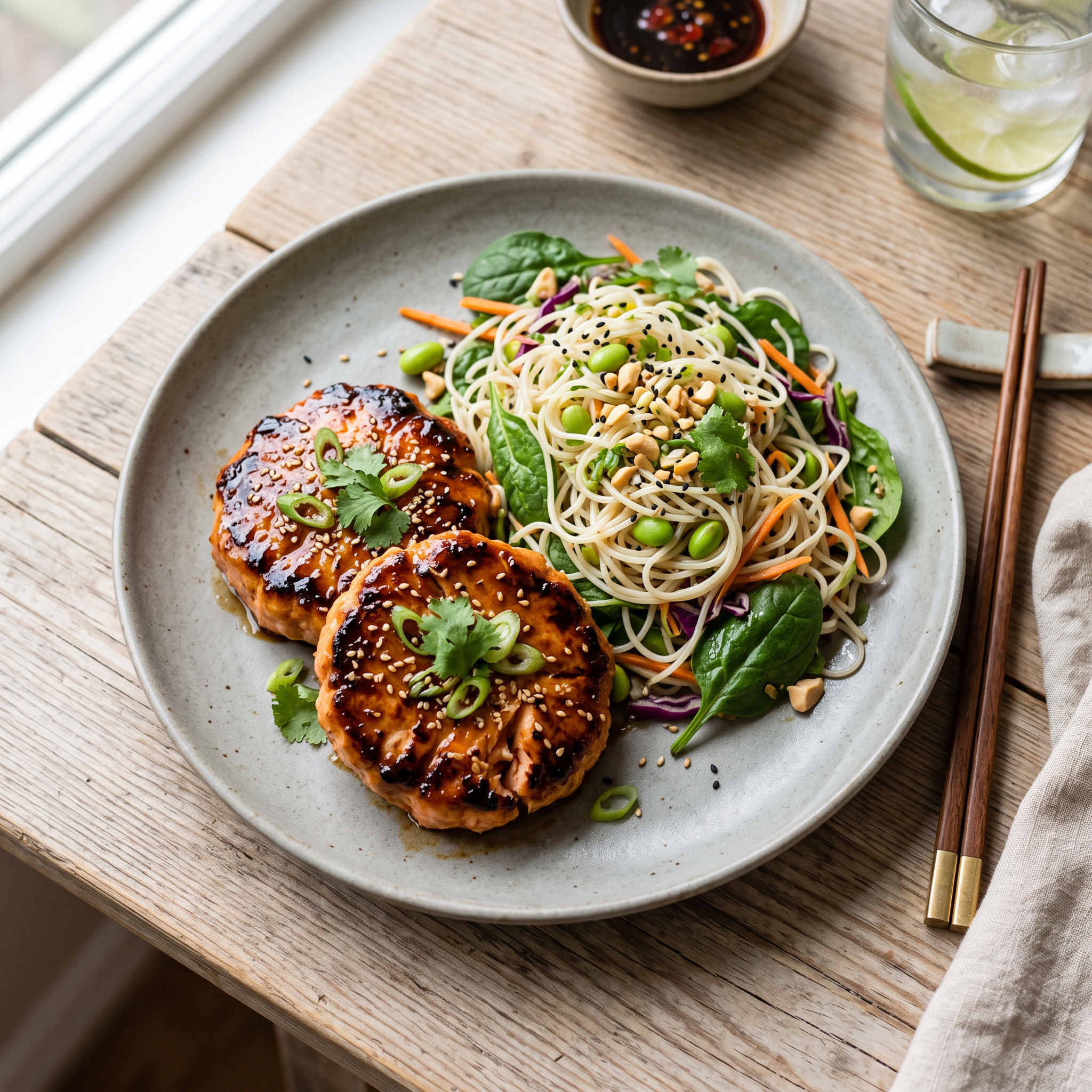 Zesty Asian Salmon Burgers with Speedy Noodle Salad