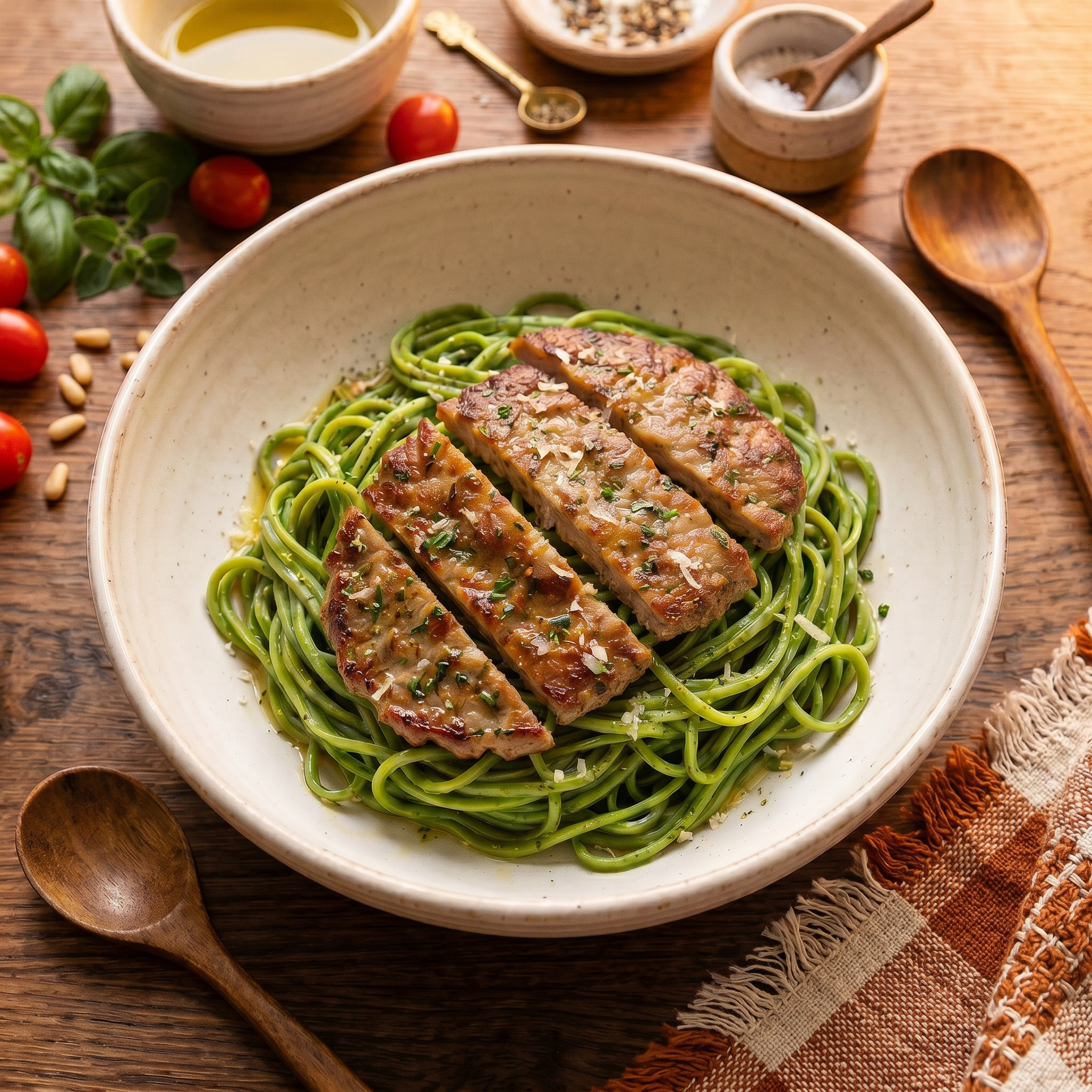 Zesty Chicken Kebab & Spinach Noodle Delight