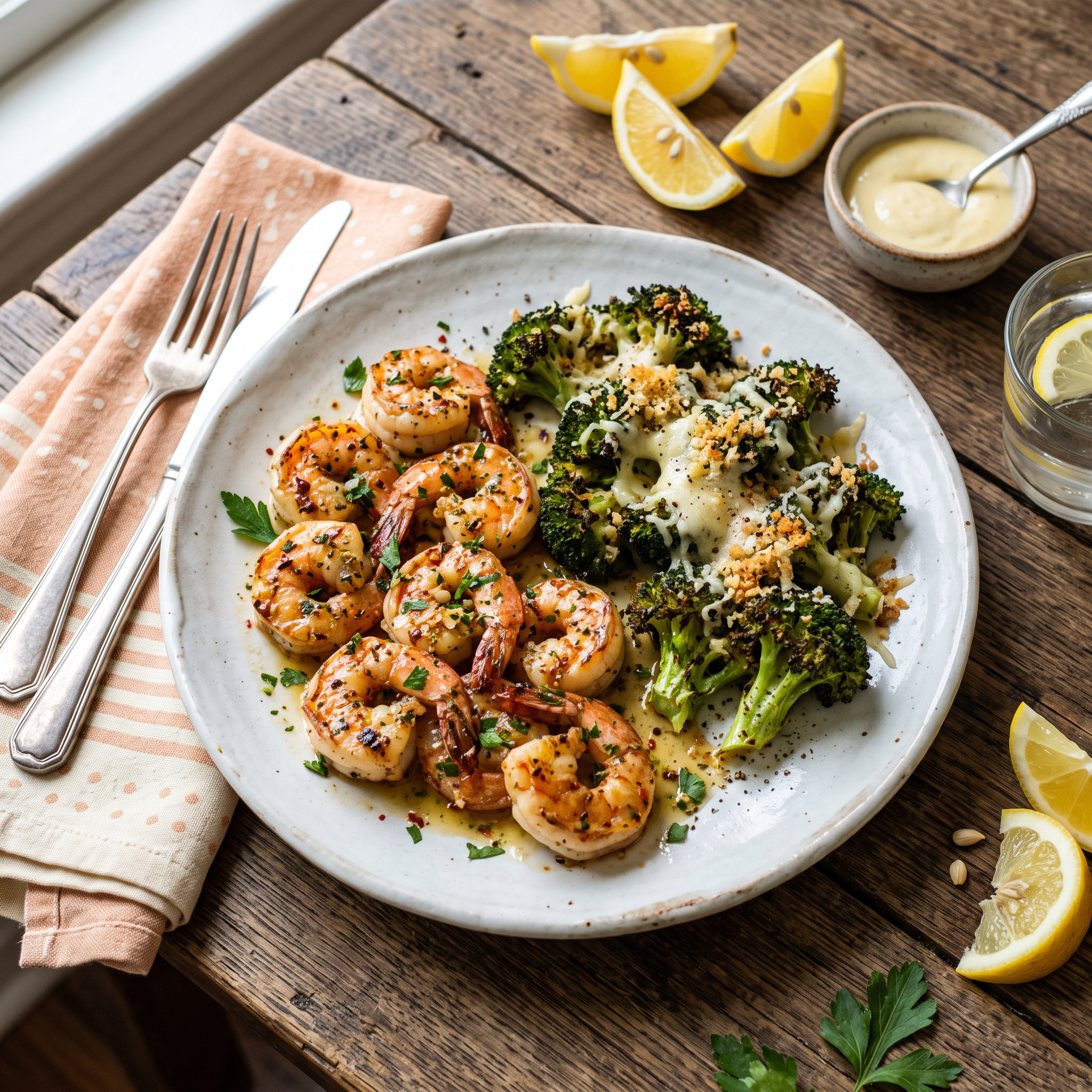 Zesty Lemon Garlic Jumbo Shrimp with Cheesy Roasted Broccoli
