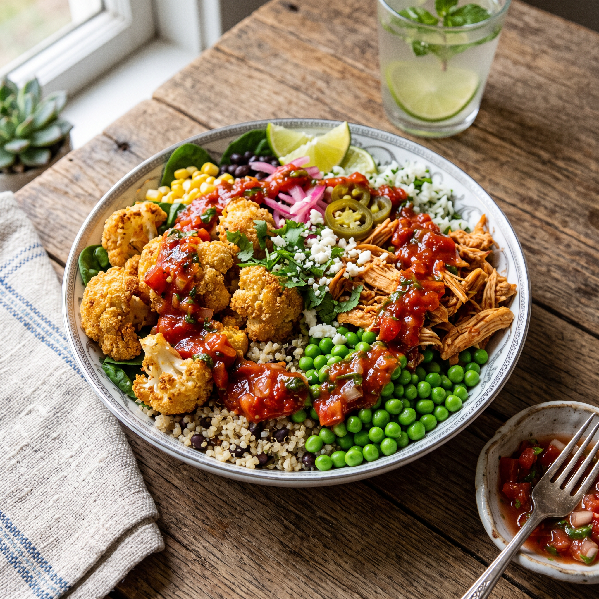 Zesty Mexican Fiesta Bowl: Crispy Cauliflower & Spicy Chicken