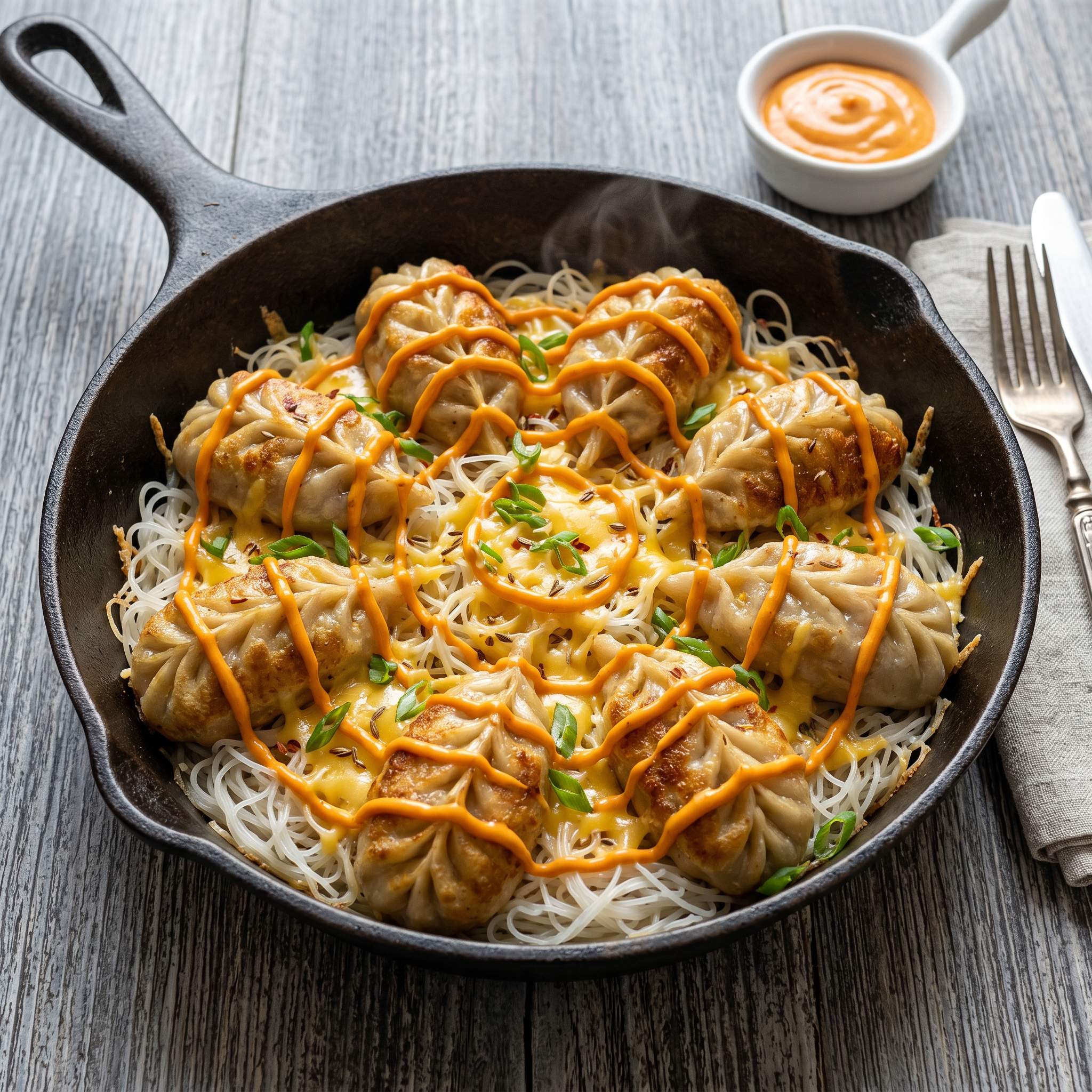 Zesty Tandoori Cheesy Momo Rice Stick Skillet